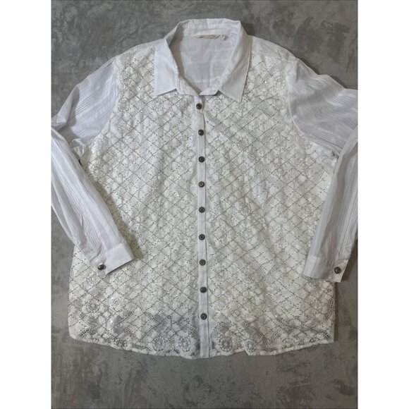 Women’s Soft Surroundings Button Up Blouse embroidered beaded White Plus 3X - Picture 3 of 14